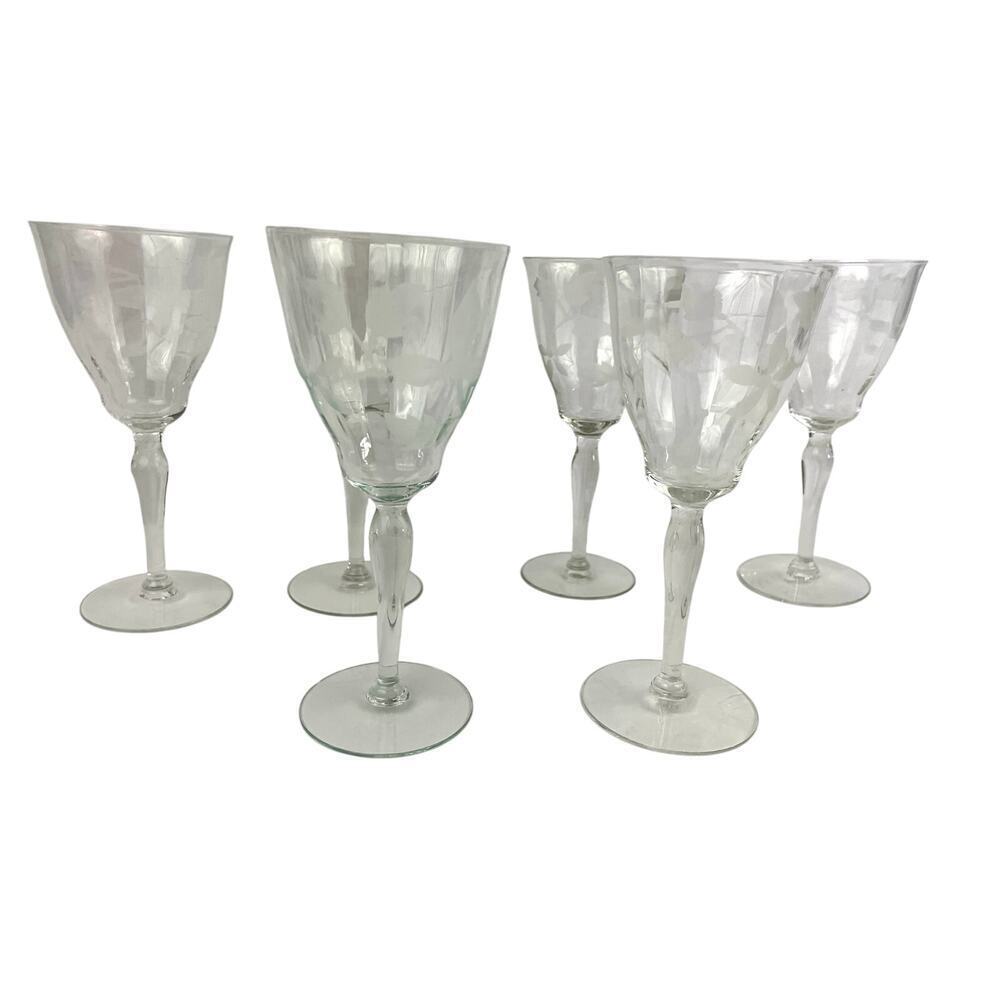 VTG Set‎ of 6 Frosted Floral Liqueur Glasses Stemware Barware